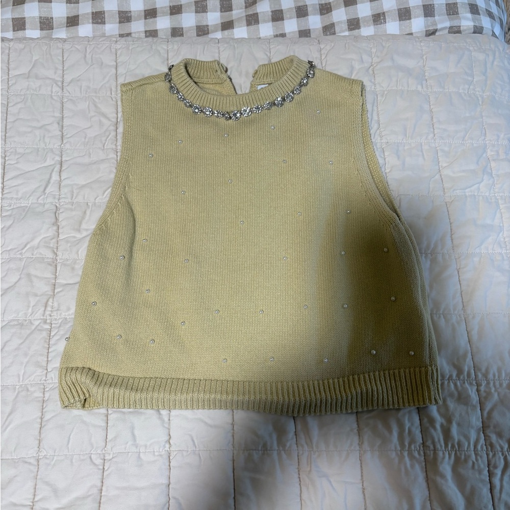 Zara Embellished Green Sweater with Rhinestone Collar